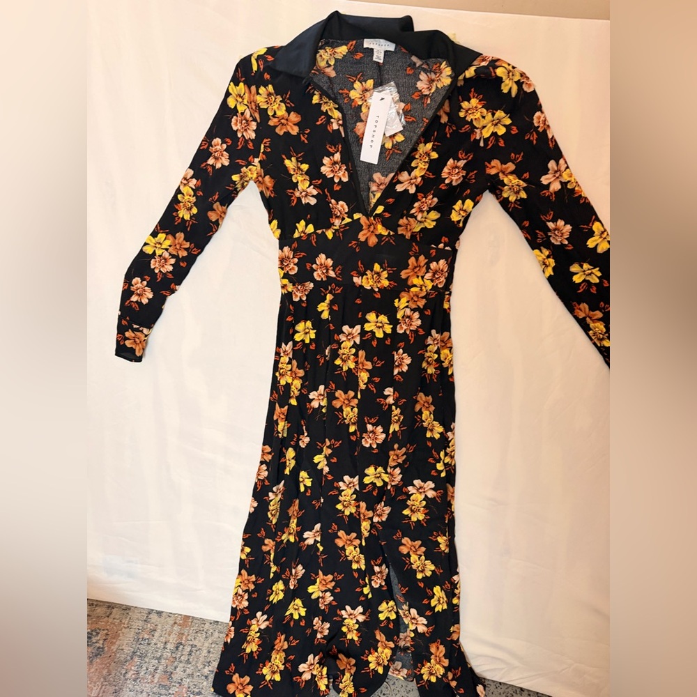 Topshop Black and Yellow Floral Long Sleeve Dress